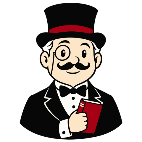 Dicta, a butler in a top hat and monocle, holding a red book